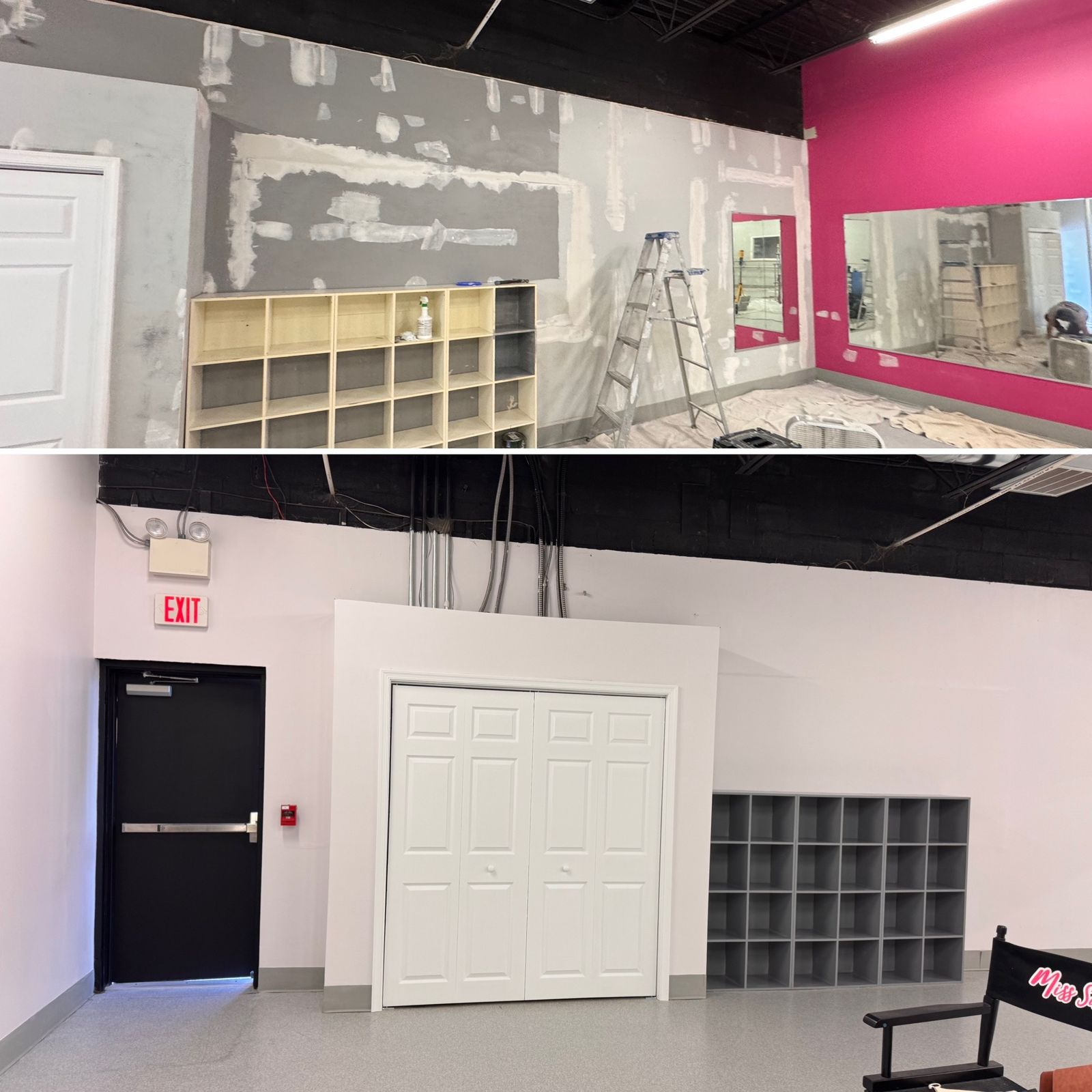 Retail interior with a pink accent wall and custom painted shelving