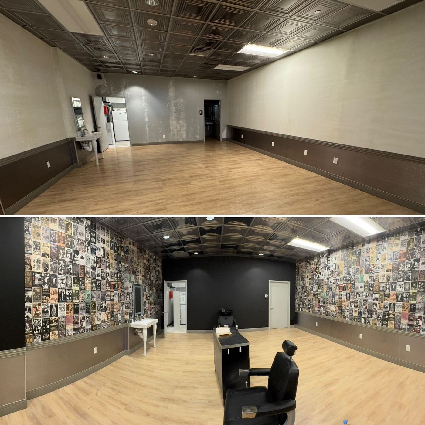 Large open commercial space with a dark ceiling and neutral walls