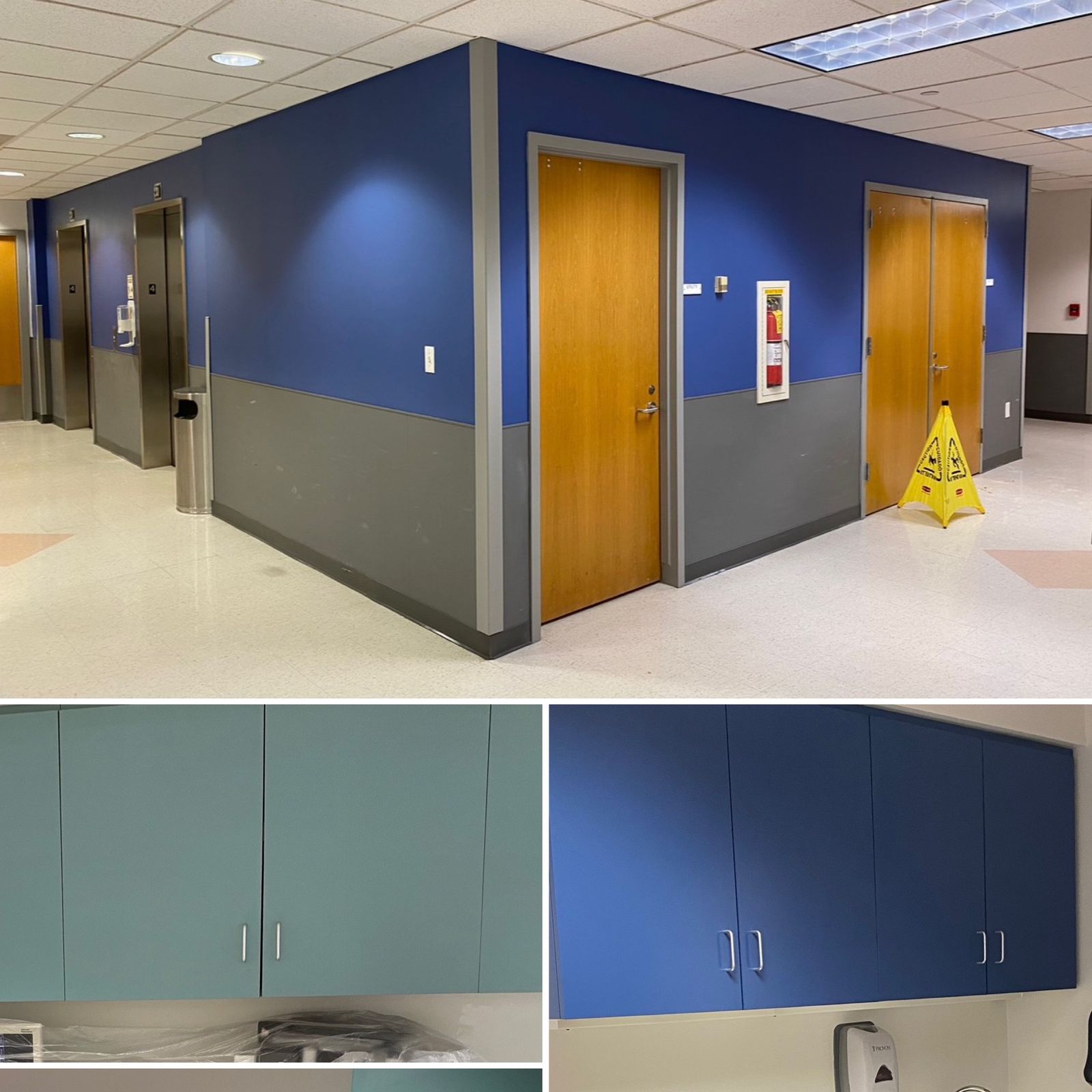 Healthcare corridor painted in blue and gray with refinished cabinets