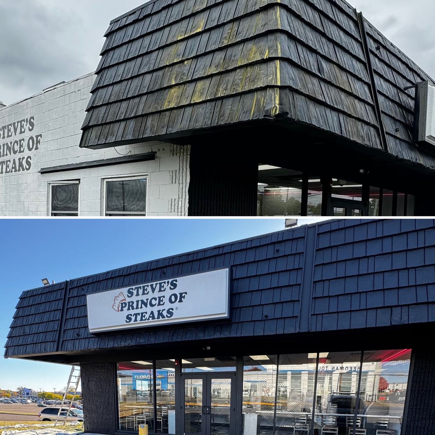 Storefront exterior with a black shingled facade after repainting