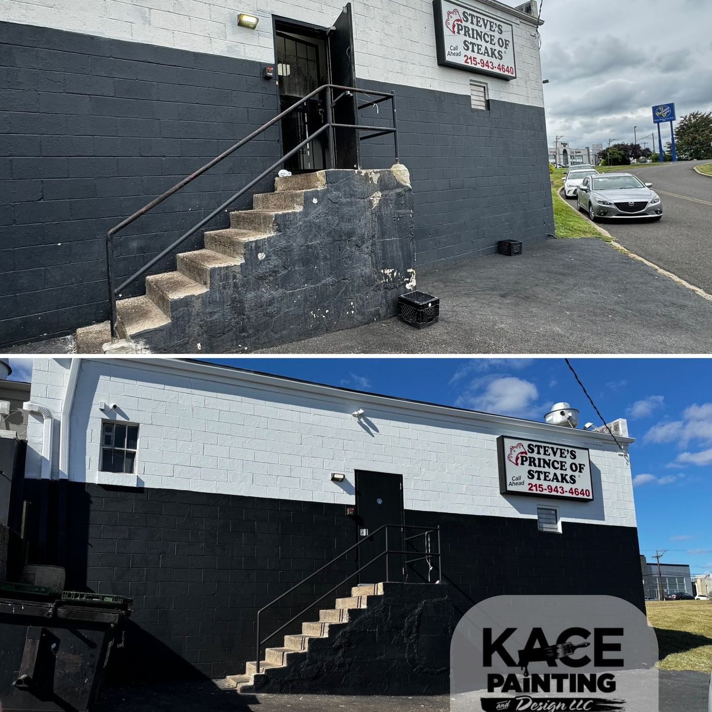 Commercial exterior painted dark with a repainted metal staircase
