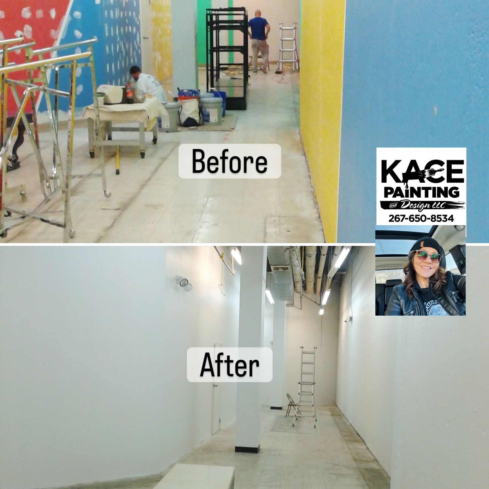 Before and after of a commercial hallway repainted in bright colors