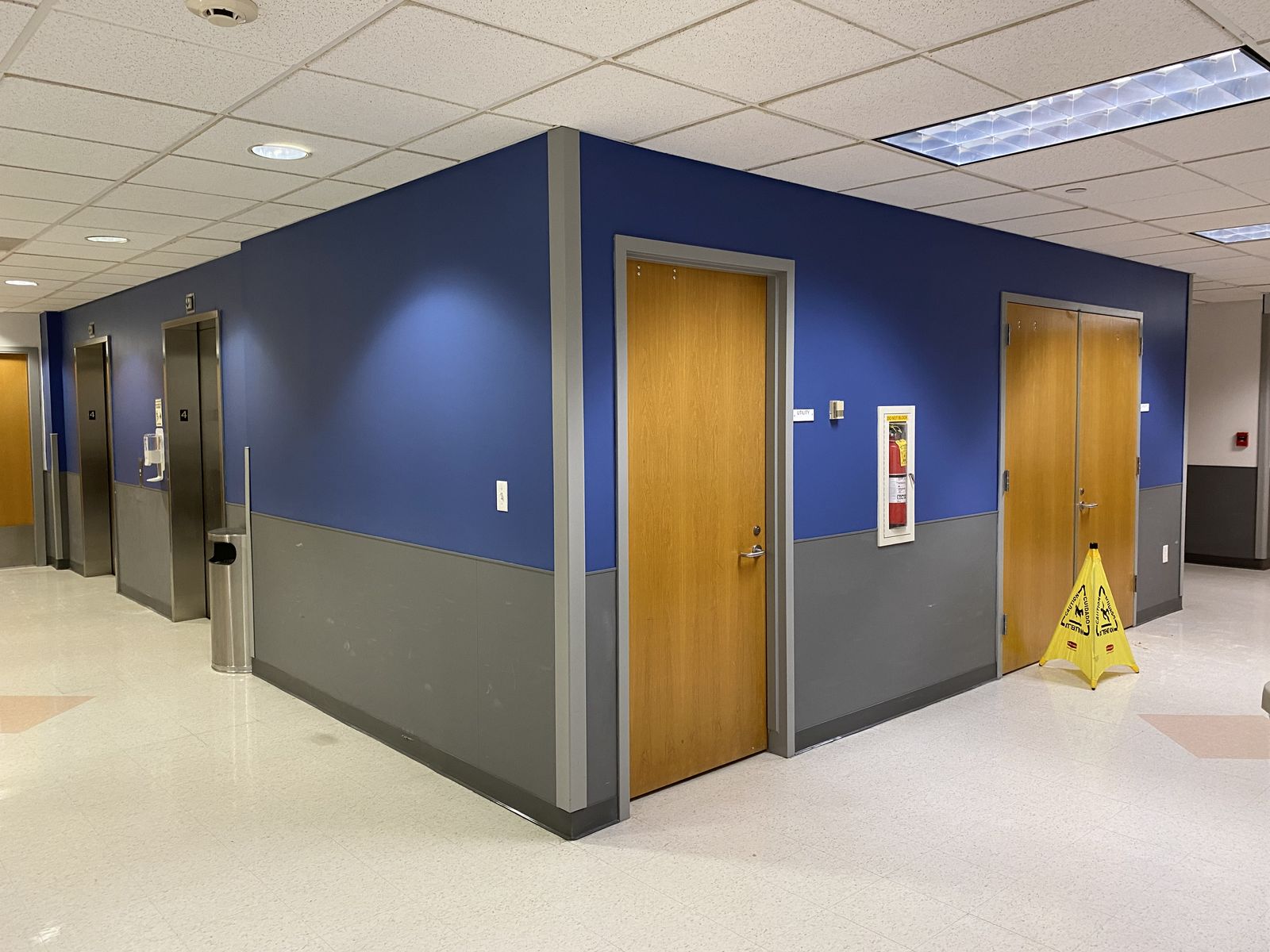 Healthcare corridor with navy and gray walls and wood doors