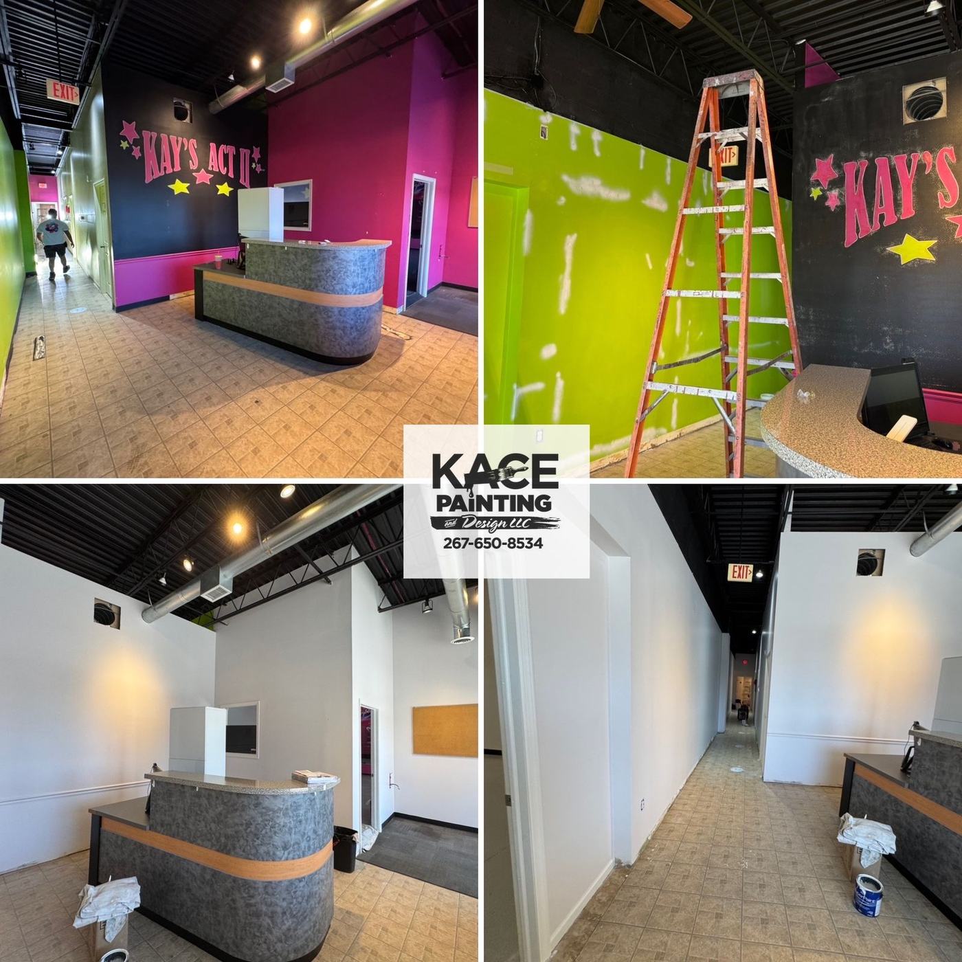 Bright pink and green retail interior painted by KACE Painting