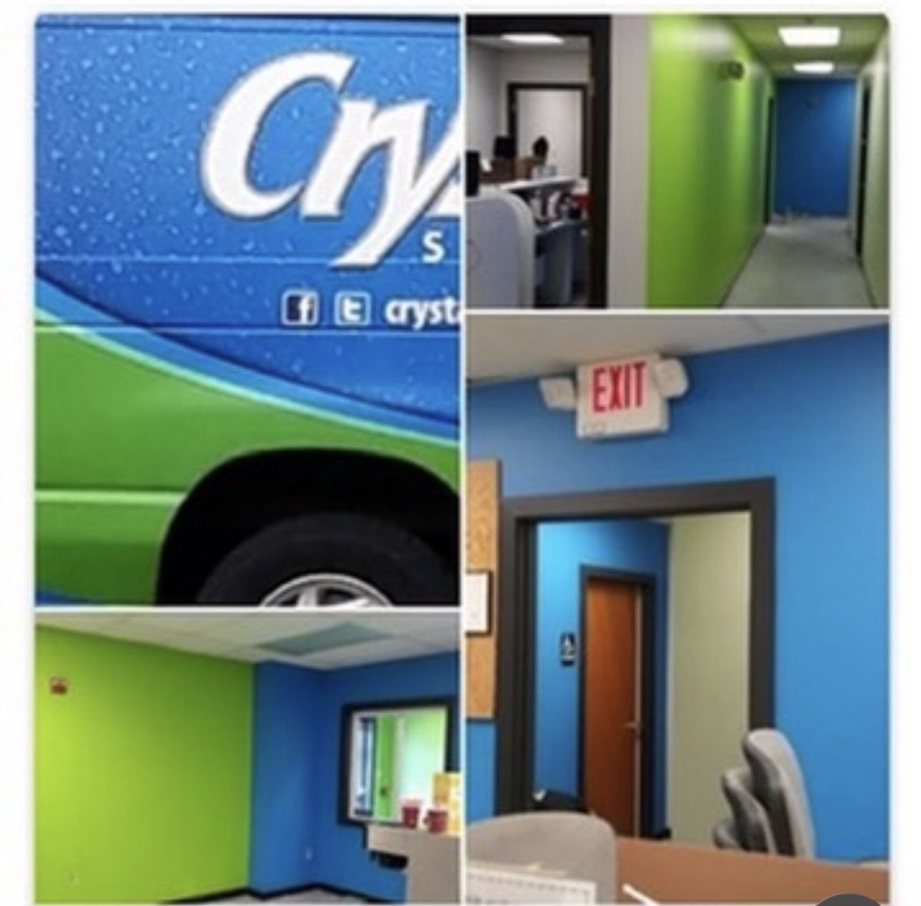 Bright blue and green office interior painted by KACE Painting