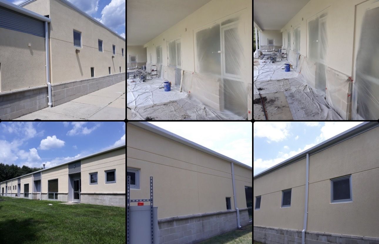 Exterior views of a commercial building repaint from several angles
