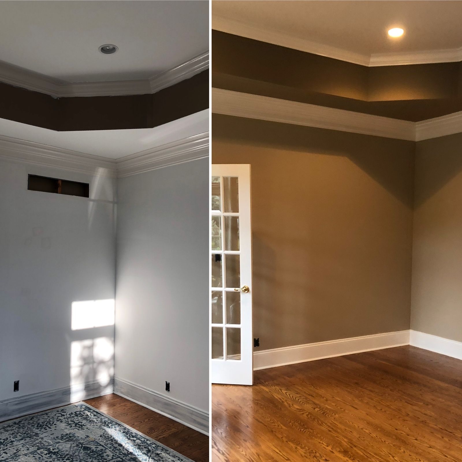 Rooms with crown molding and freshly painted walls and trim