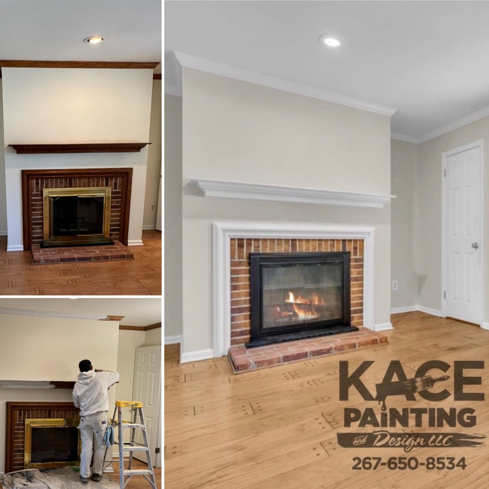 Living room fireplace wall before and after repainting