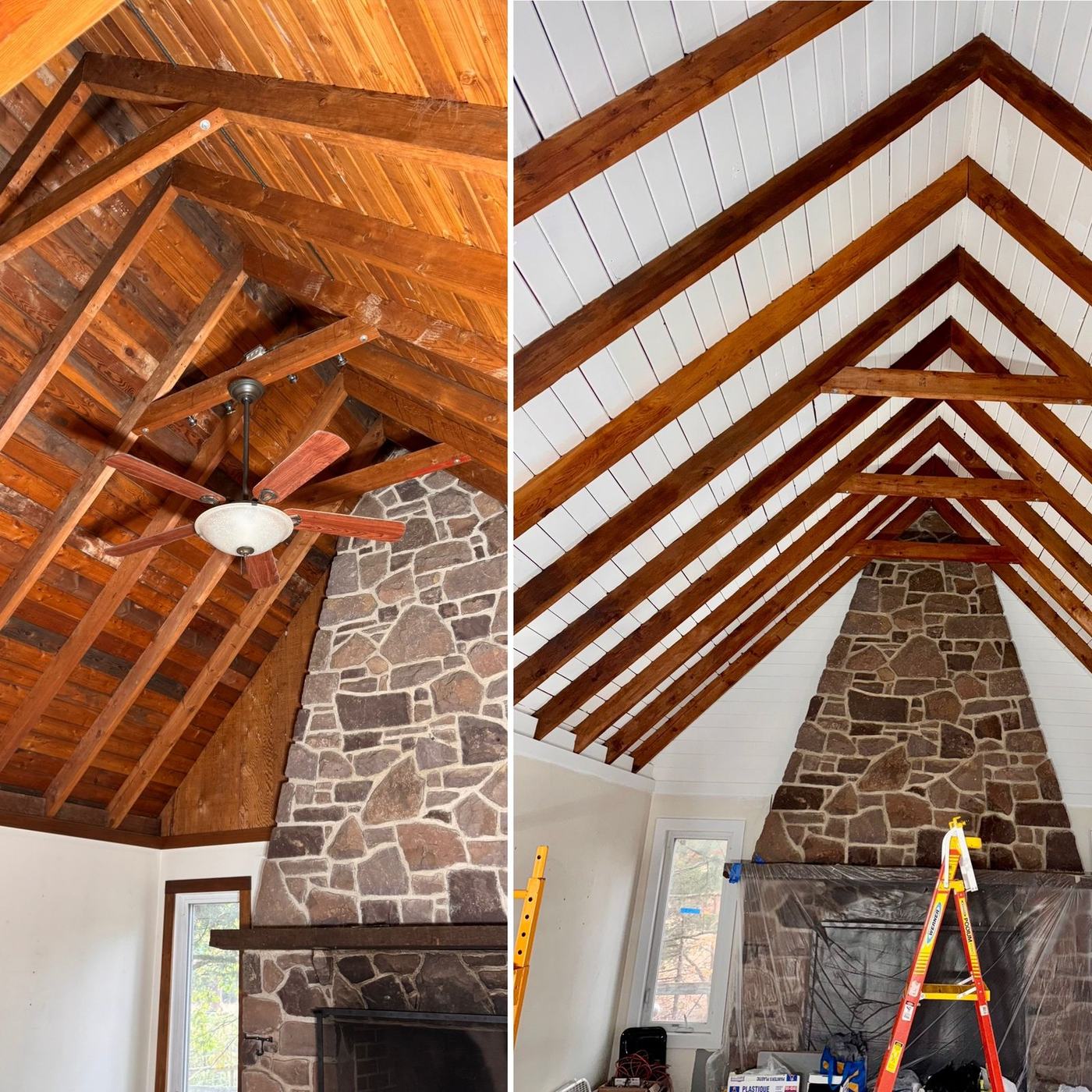 Exposed wood beams and stone fireplace with a painted vaulted ceiling