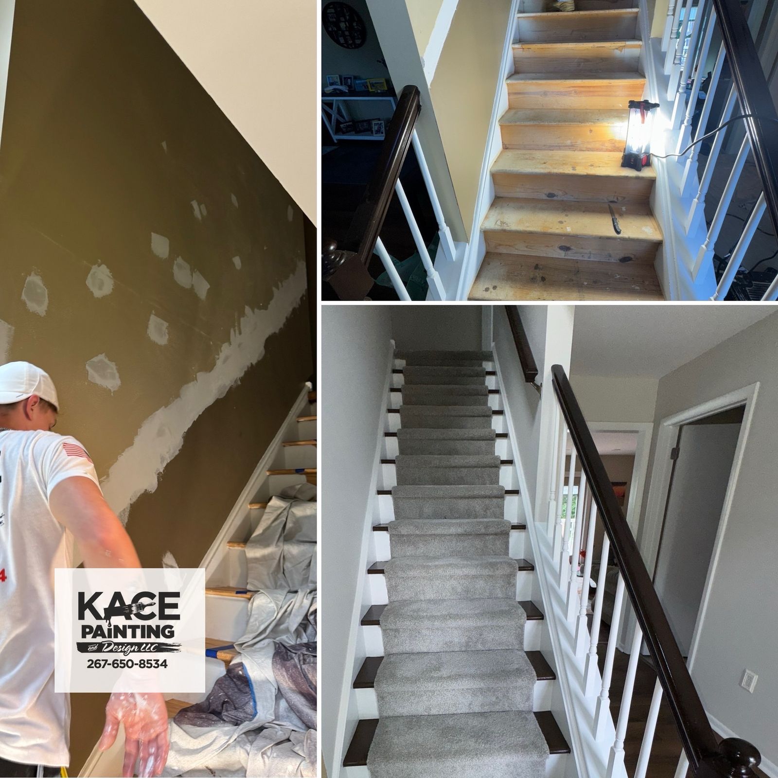 Staircase with painted risers and refinished treads