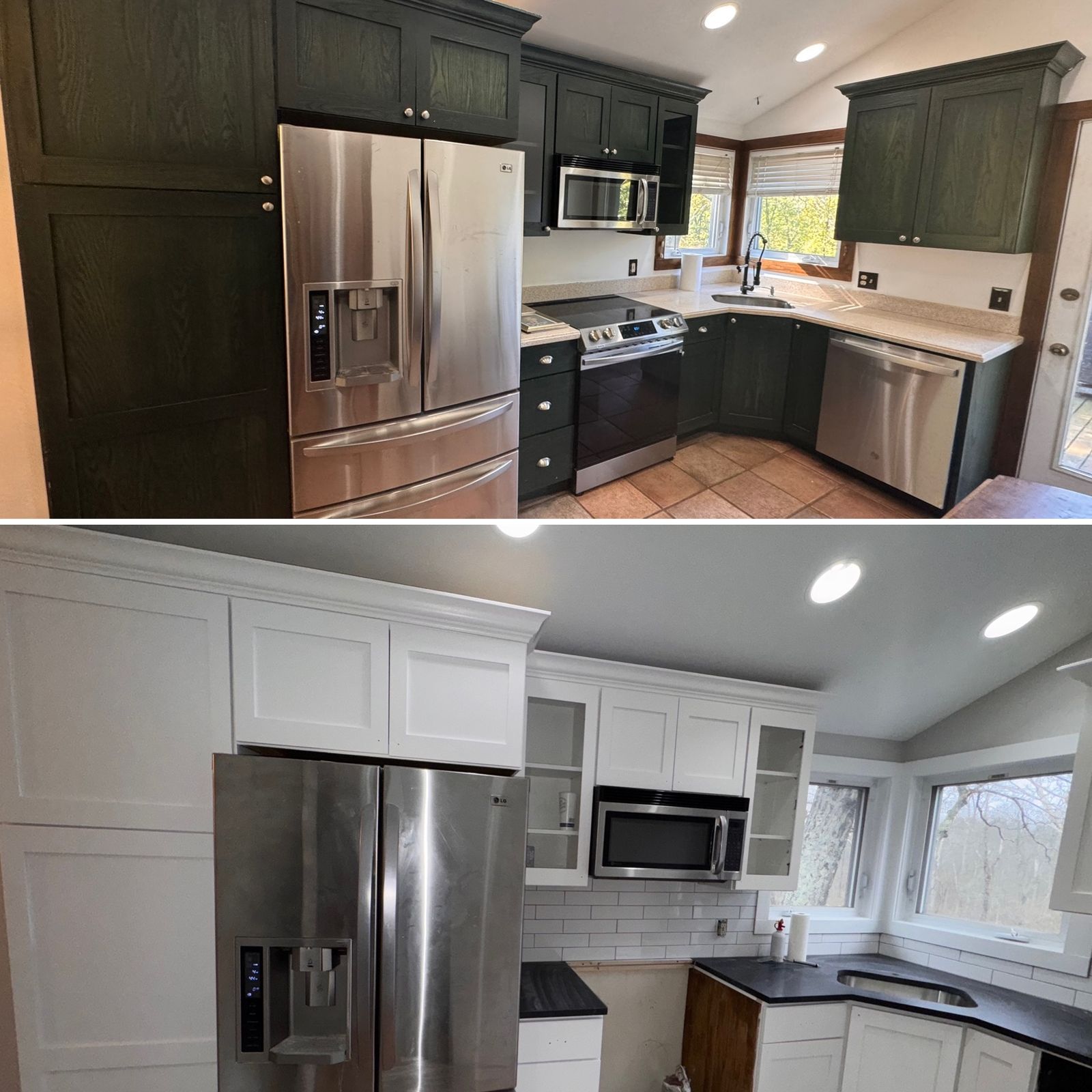 Kitchen cabinets refinished from dark wood to white