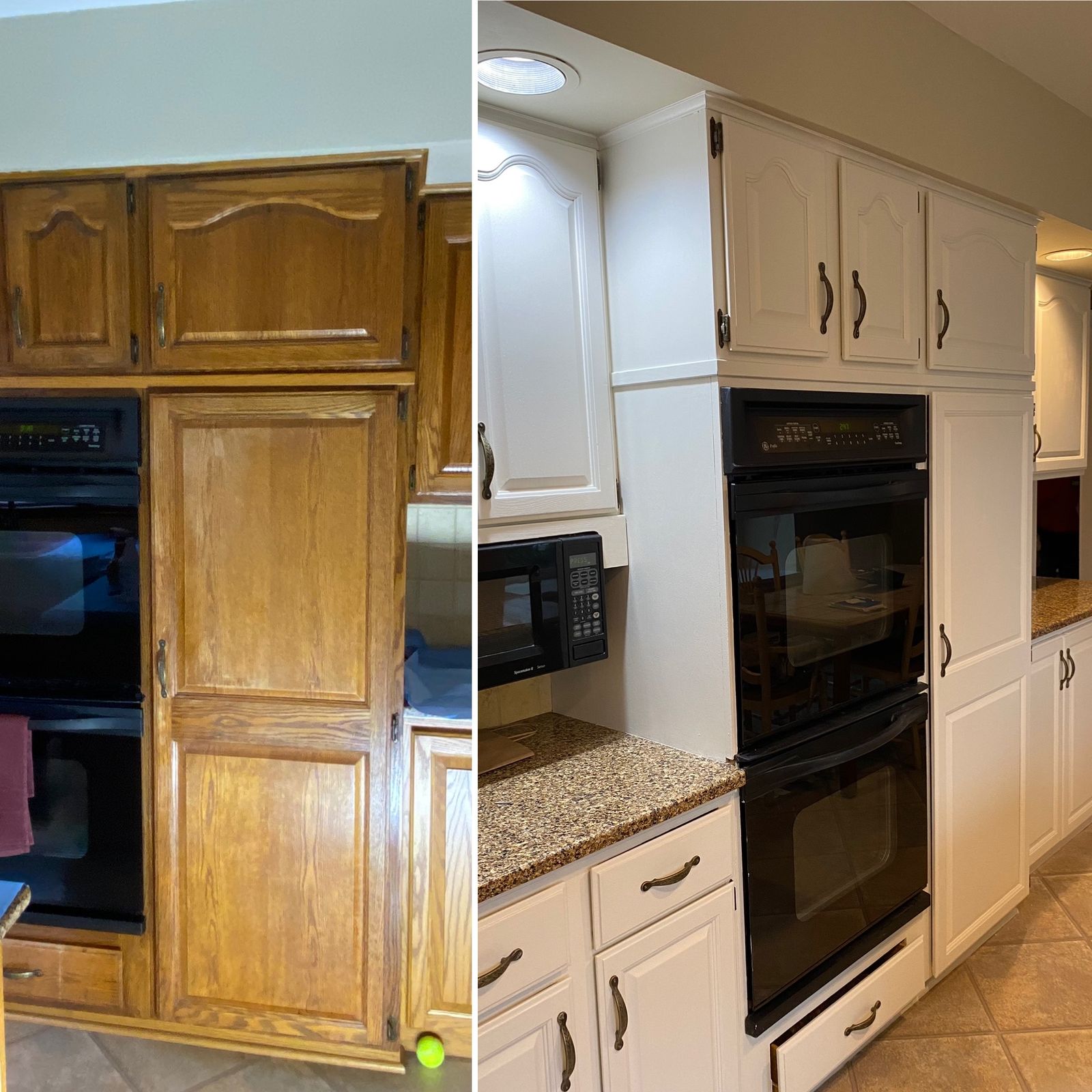 Kitchen cabinets refinished from wood to white by KACE Painting
