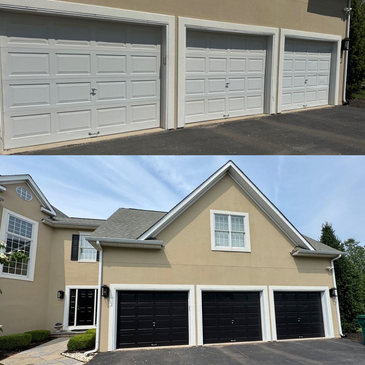 Garage doors and home exterior after painting