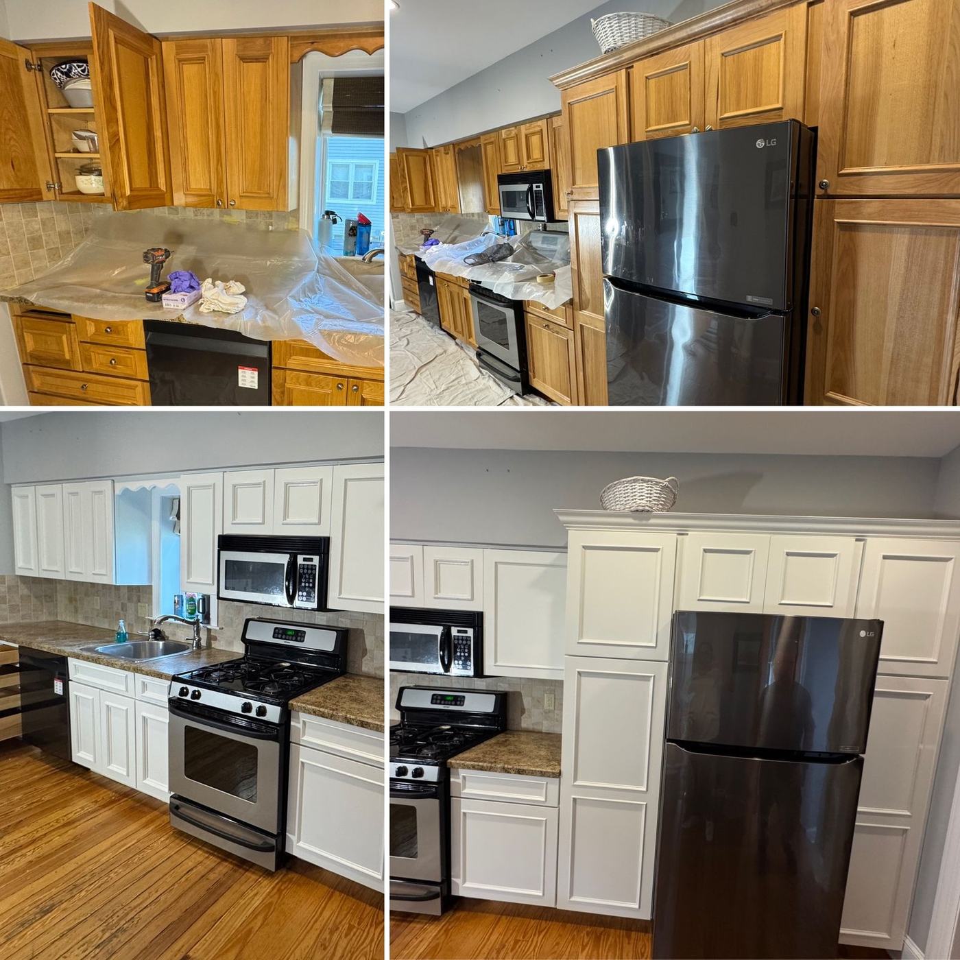 Kitchen cabinets refinished from honey oak to white