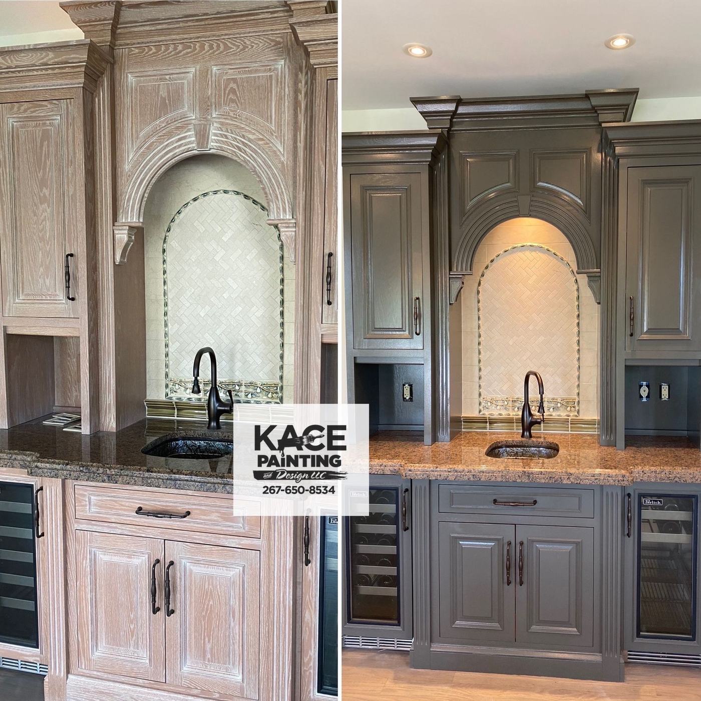 Two tone kitchen cabinetry refinished beside a stone backsplash