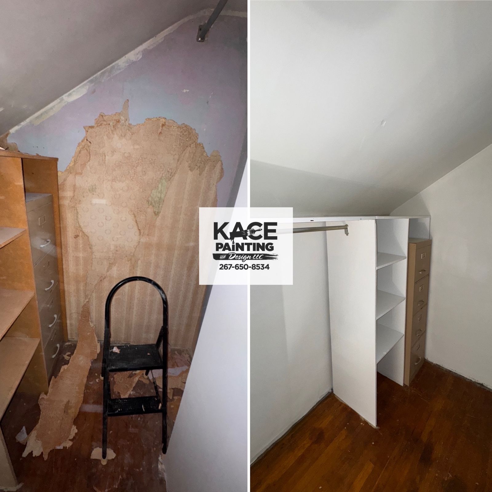 Plaster wall repair and closet interior prepared for paint