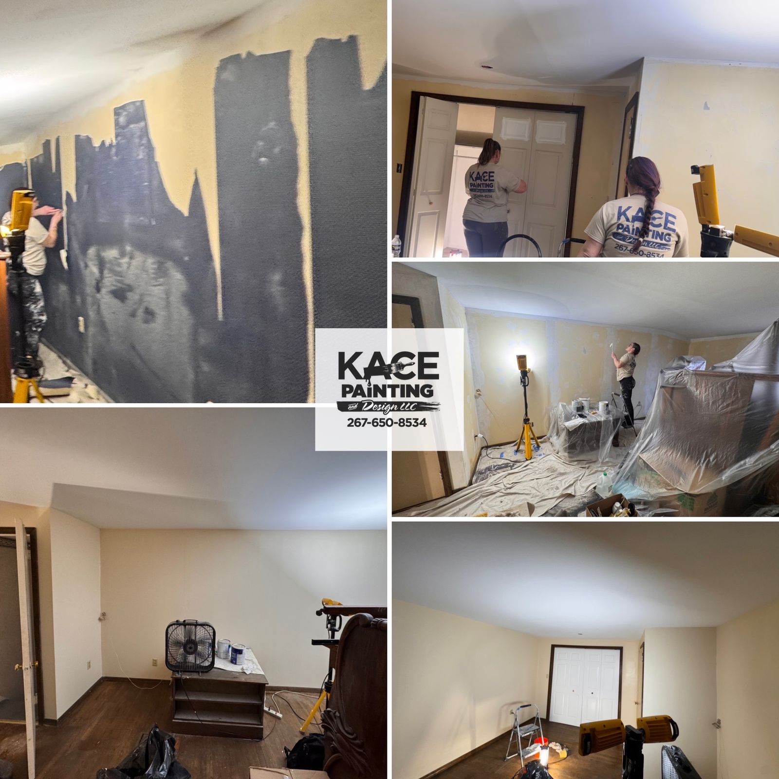 Dark accent wall prepped and painted in stages