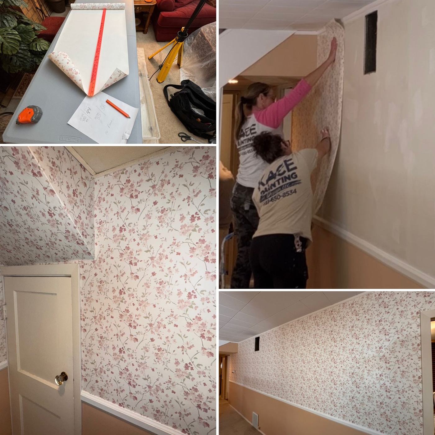 Floral wallpaper being measured and hung by KACE Painting