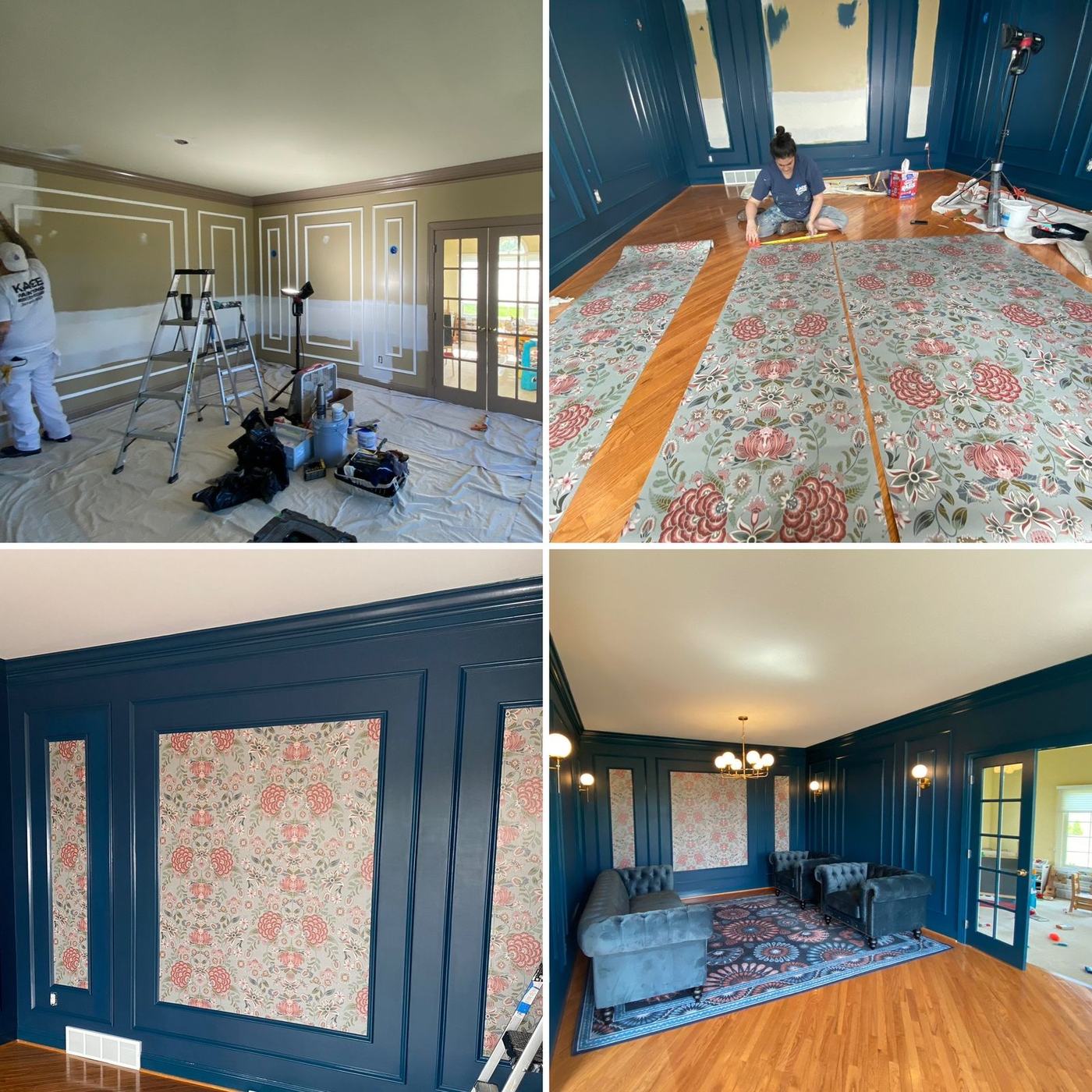 Dining room with navy paneling and framed floral wallpaper panels