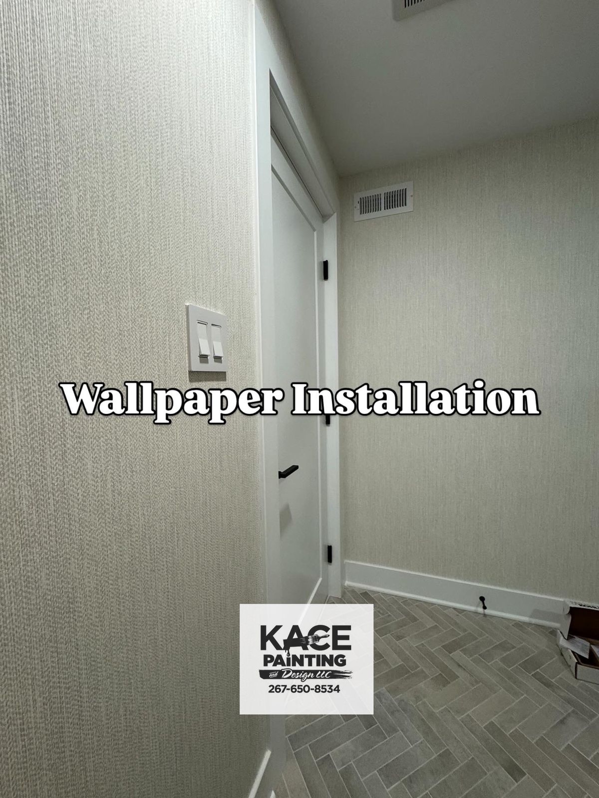 Hallway finished in textured grasscloth wallpaper