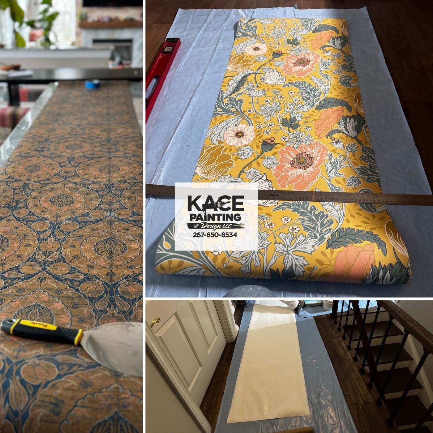 Bright floral wallpaper being pasted out on a work table