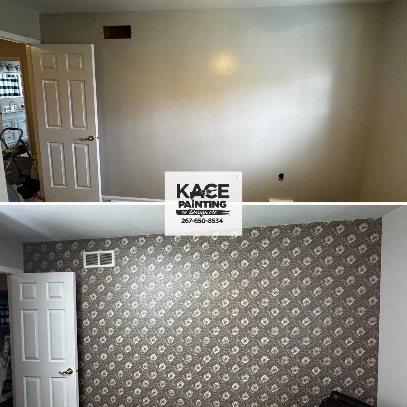Accent wall finished in geometric patterned wallpaper