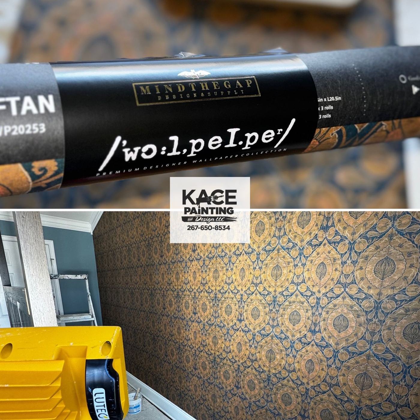 Wallpaper roll and installation tools on a job in progress