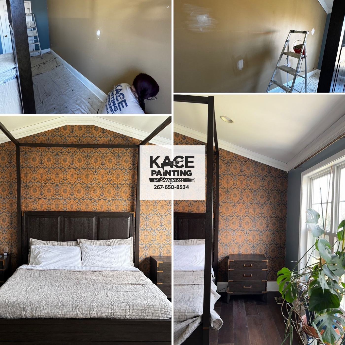 Bedroom with patterned wallpaper hung behind the bed