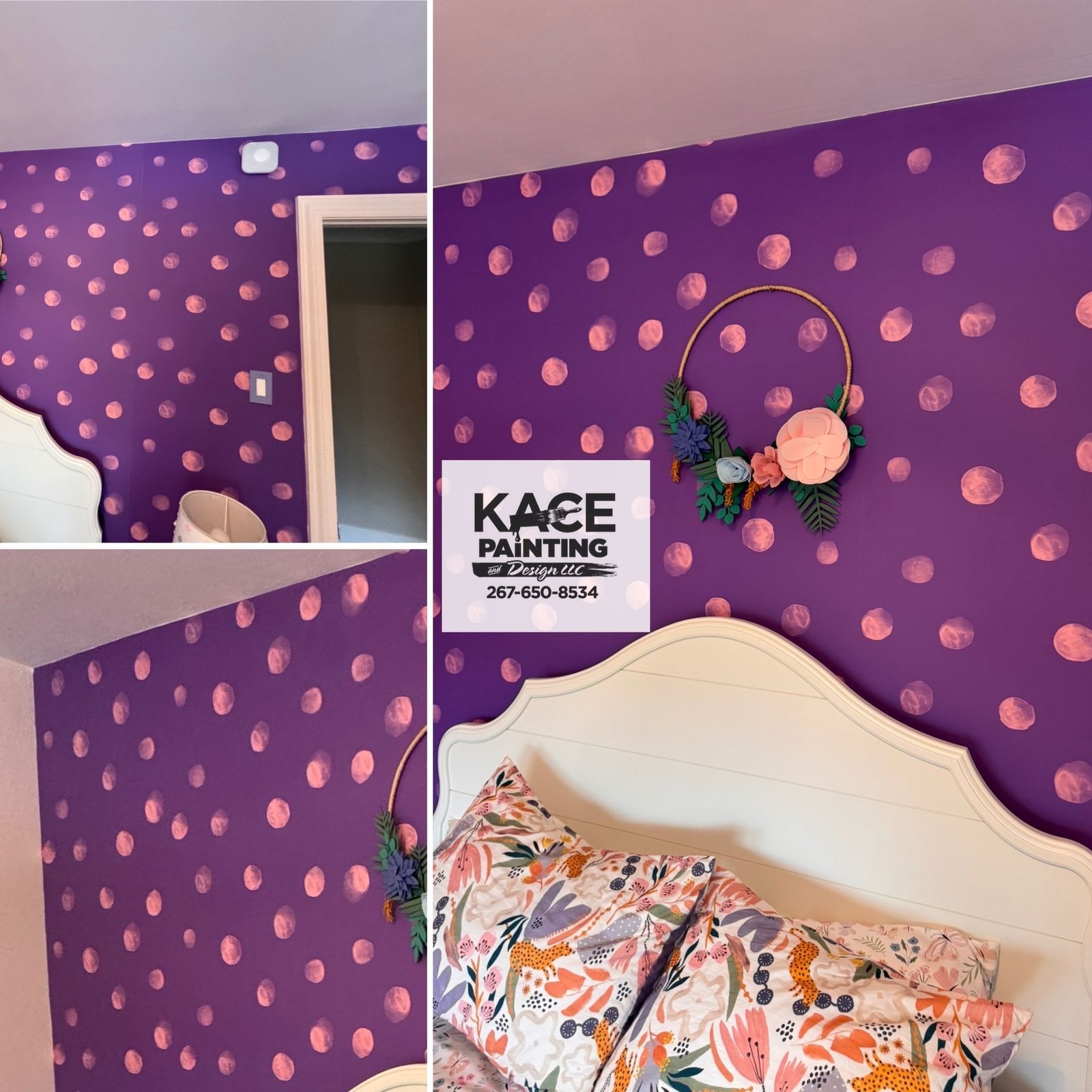 Child's bedroom with purple polka dot wallpaper